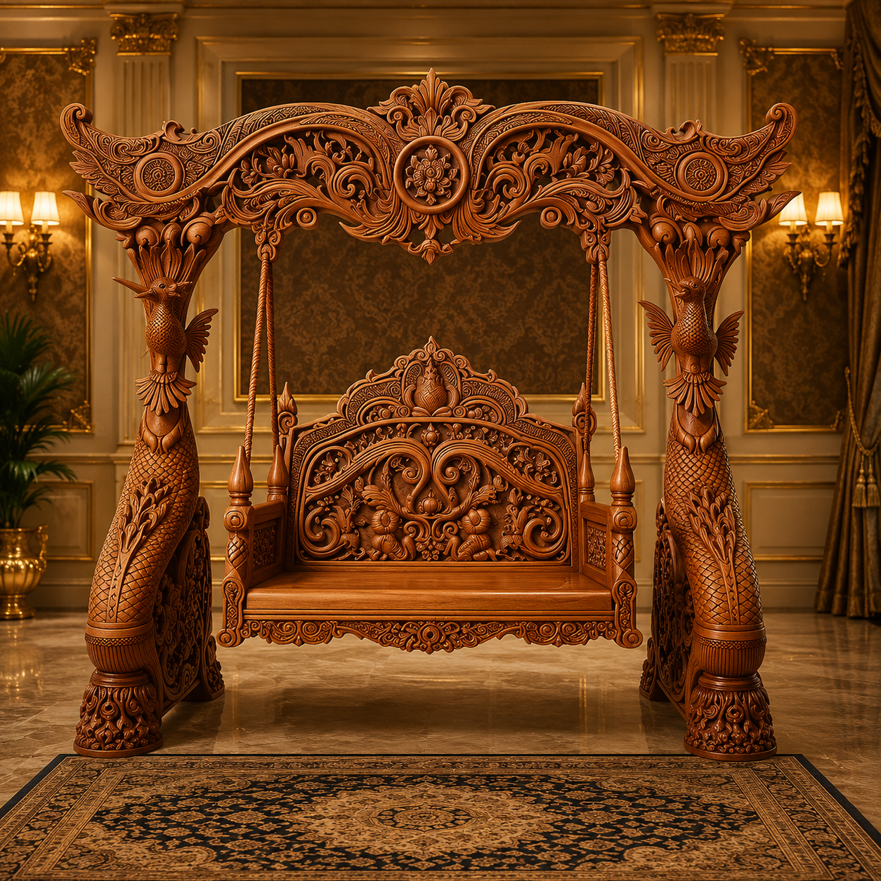 Royal Peacock Carved Wooden Swing {Jhoola}