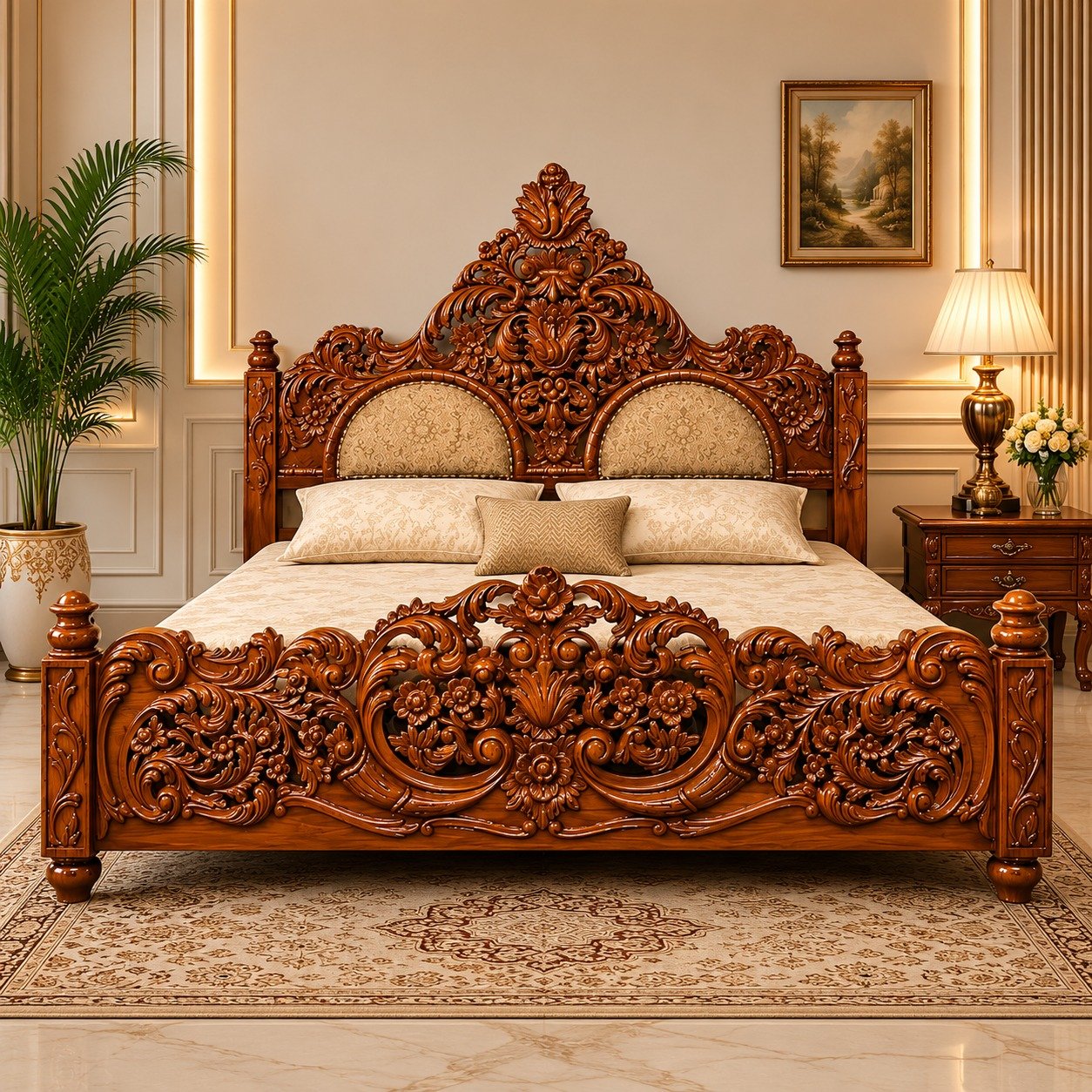 Royal Ornate Carved Wooden Bed