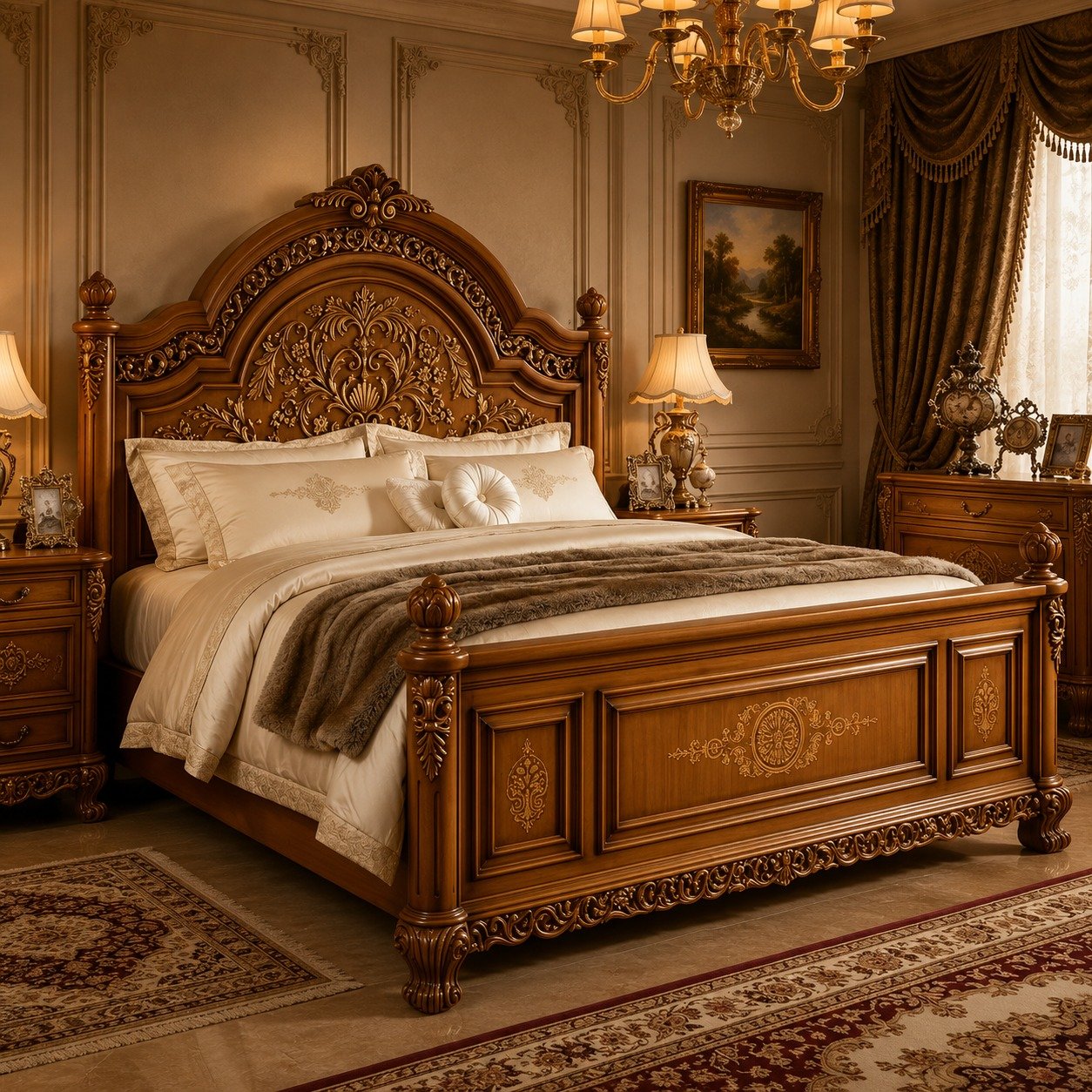 Royal Hand-Carved Wooden Panel Bed