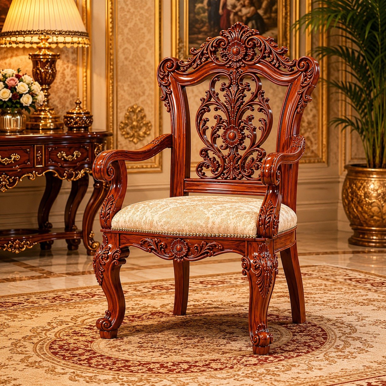 Royal Hand-Carved Wooden Armchair