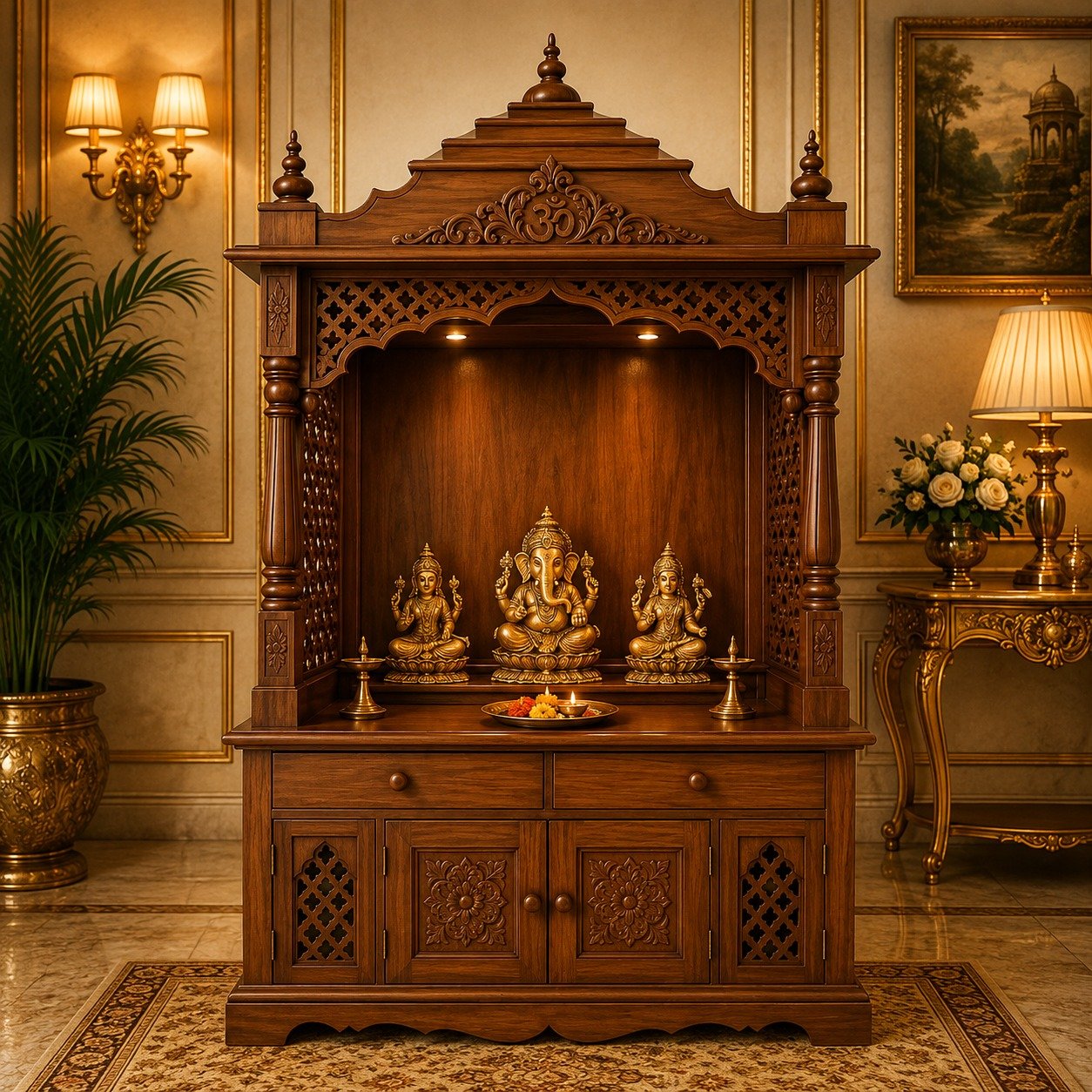 Royal Hand-Carved Wooden Pooja Cabinet
