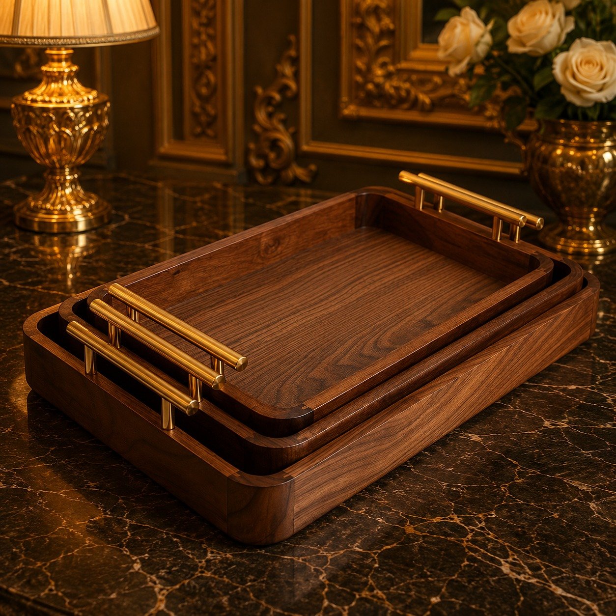 Wooden Tray with Brass Handles