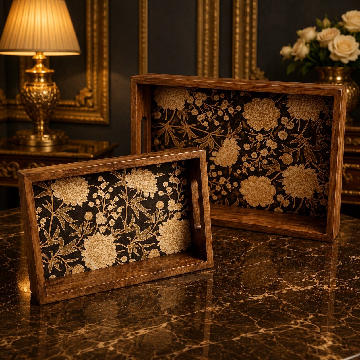 Decorative Wooden Serving Tray with Floral Design